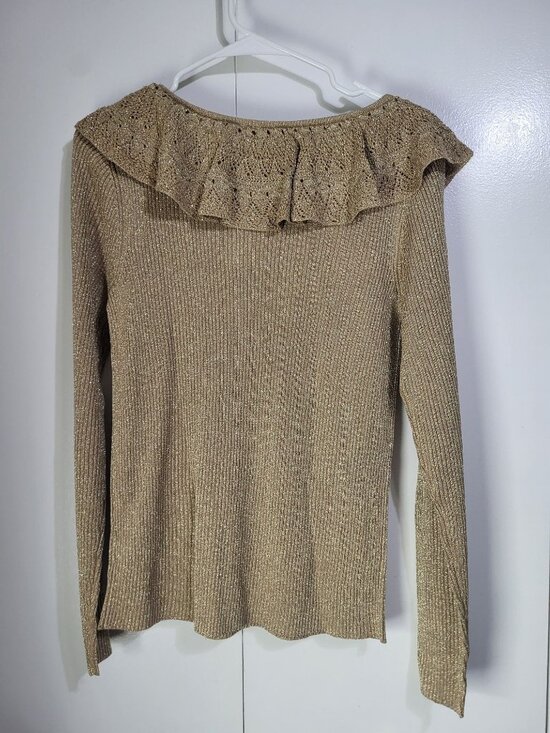 LAUREN RALPH LAUREN Womens L Gold Metallic Silk Polyester Ribbed Sweater Ruffle - Picture 3 of 7